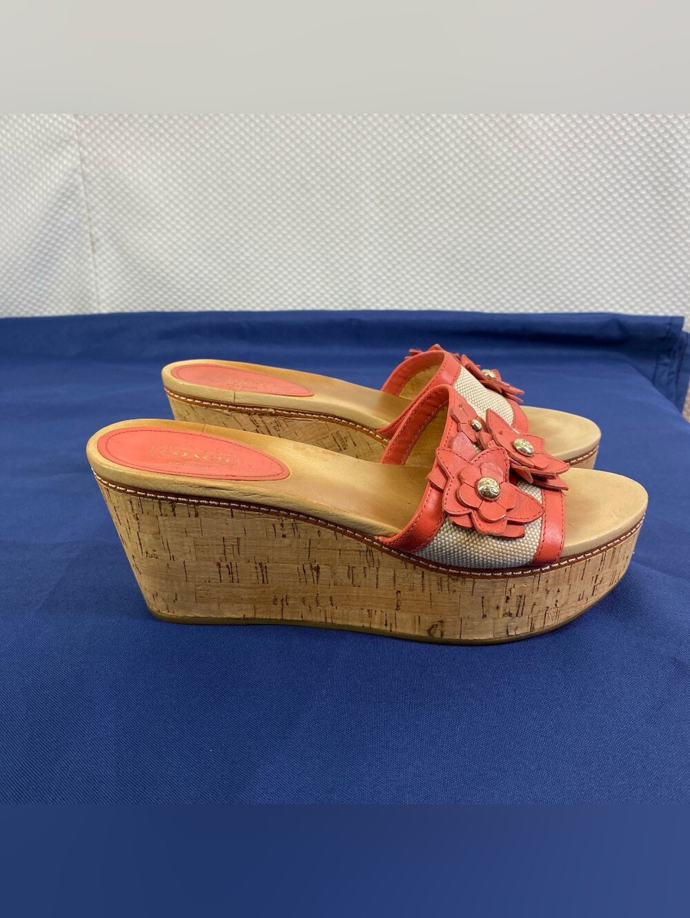 Coach Jesaca Floral Leather Cork Wedge Sandals Coral Pink Size 9B - Picture 4 of 8